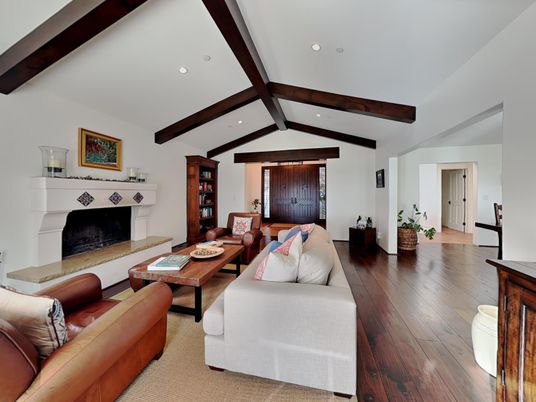 Fireplace, Interior, Living room, Recessed Lighting, Wooden Beams, Wood Texture Flooring