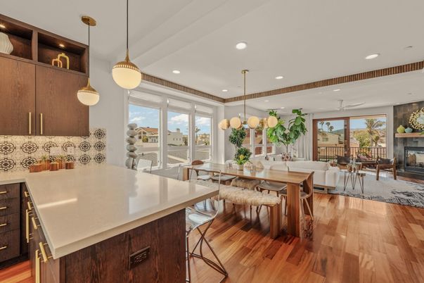 Dining room, Fireplace, Interior, Kitchen, Living room, Pendant Lights, Recessed Lighting, Wood Texture Flooring