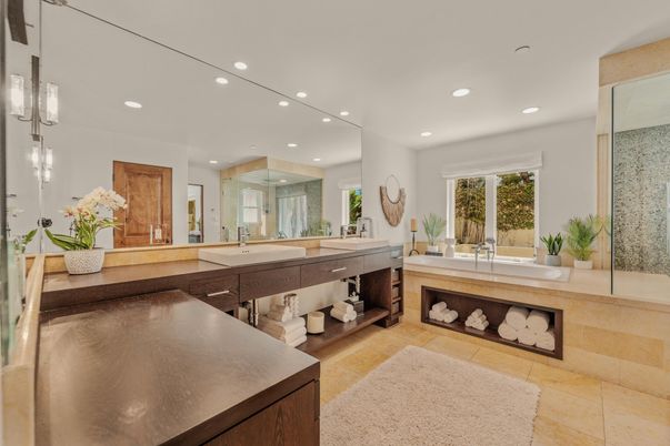 Bathroom, Dual Sink Vanities, Glass Shower, Interior, Pendant Lights, Recessed Lighting