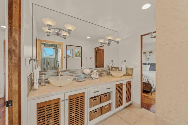 Bathroom, Dual Sink Vanities, Interior, Recessed Lighting, Wood Texture Flooring