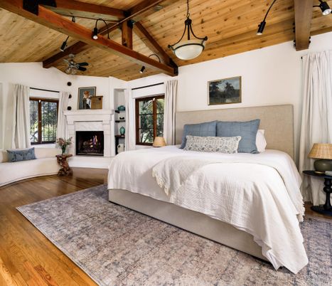 Bedroom, Fireplace, Interior, Pendant Lights, Wooden Beams, Wooden Ceilings, Wood Texture Flooring