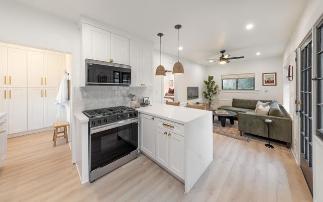 Interior, Kitchen, Living room, Pendant Lights, Recessed Lighting, Stainless Steel Appliances, Wood Texture Flooring