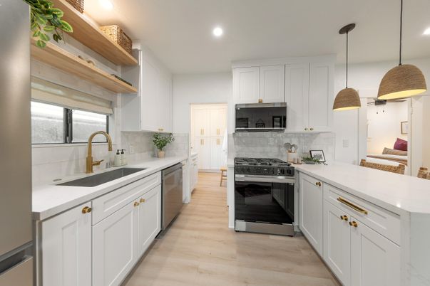 Interior, Kitchen, Pendant Lights, Recessed Lighting, Stainless Steel Appliances, Wood Texture Flooring
