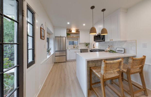 Interior, Kitchen, Pendant Lights, Recessed Lighting, Stainless Steel Appliances, Wood Texture Flooring