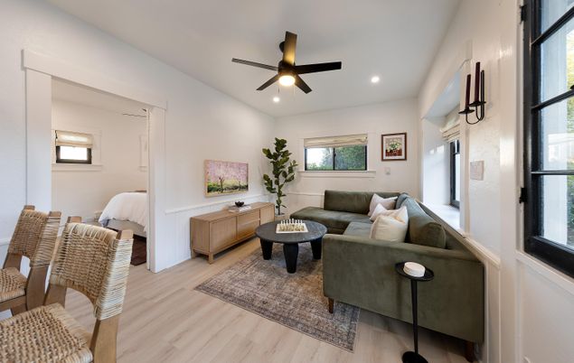 Bedroom, Interior, Living room, Recessed Lighting, Wood Texture Flooring
