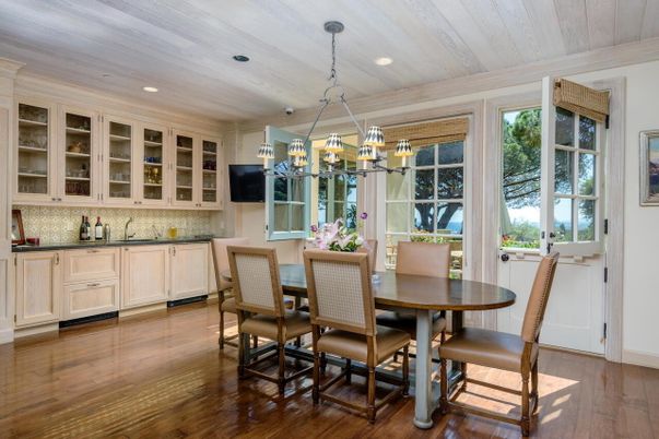 Chandelier, Dining room, Interior, Recessed Lighting, Wooden Ceilings, Wood Texture Flooring