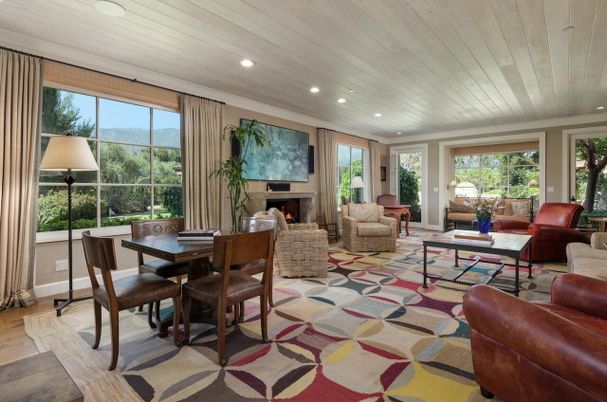 Dining room, Fireplace, Interior, Living room, Recessed Lighting, Wooden Ceilings, Wood Texture Flooring