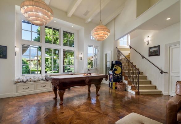 Billiard Table, Chandelier, Game Room, Interior, Pendant Lights, Recessed Lighting, Wood Texture Flooring