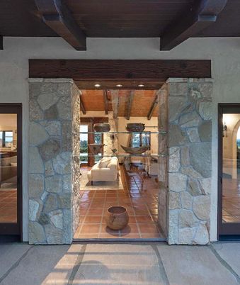 Interior, Recessed Lighting, Stone Walls, Wooden Beams