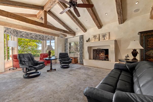 Fireplace, Interior, Living room, Recessed Lighting, Wooden Beams