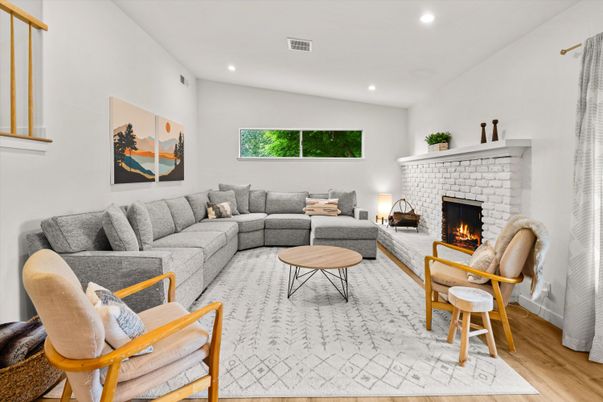 Fireplace, Interior, Living room, Recessed Lighting, Wood Texture Flooring