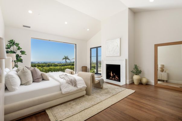 Bedroom, Fireplace, Interior, Recessed Lighting, Water, Wood Texture Flooring