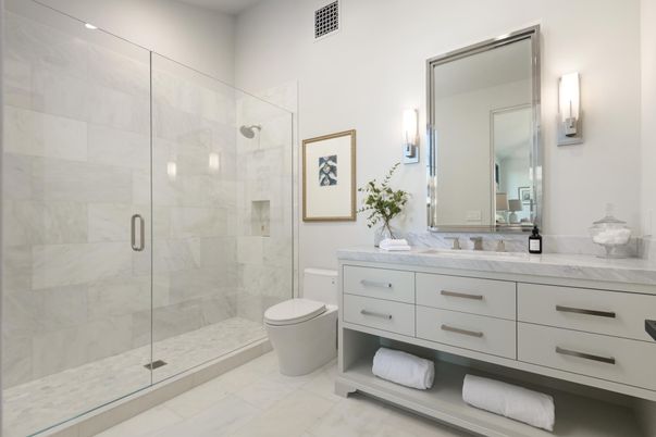 Bathroom, Glass Shower, Interior, Marble Walls, Recessed Lighting