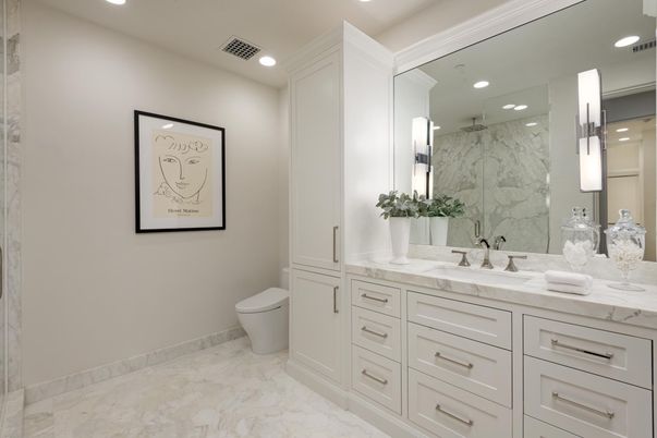 Bathroom, Dual Sink Vanities, Interior, Marble, Marble Walls, Recessed Lighting