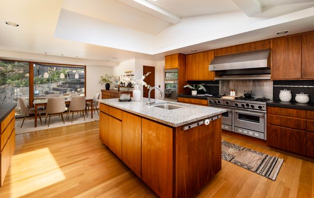Dining room, Interior, Kitchen, Pendant Lights, Recessed Lighting, Stainless Steel Appliances, Wood Texture Flooring