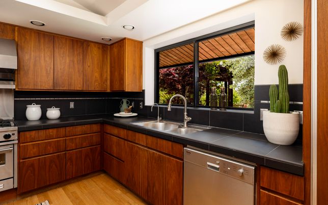 Interior, Kitchen, Recessed Lighting, Stainless Steel Appliances, Tile Countertops, Wood Texture Flooring