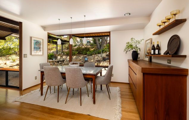 Dining room, Interior, Pendant Lights, Recessed Lighting, Wood Texture Flooring