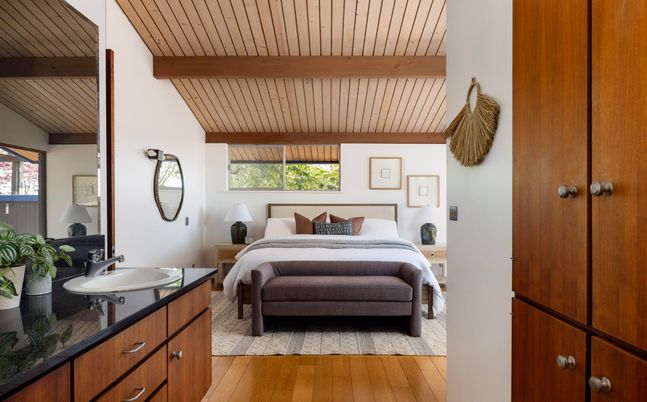 Bedroom, Interior, Wooden Beams, Wooden Ceilings, Wood Texture Flooring