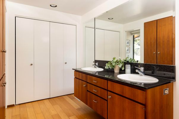 Bathroom, Dual Sink Vanities, Interior, Recessed Lighting, Wood Texture Flooring
