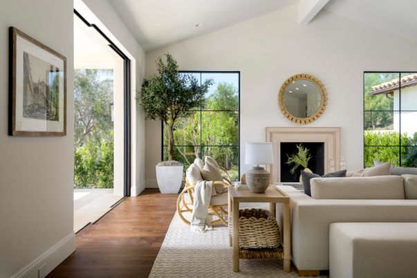 Fireplace, Interior, Living room, Recessed Lighting, Wood Texture Flooring