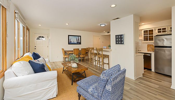 Dining room, Interior, Kitchen, Living room, Recessed Lighting, Stainless Steel Appliances, Wood Texture Flooring