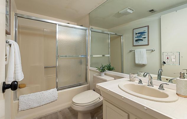 Bathroom, Glass Shower, Interior, Tile Countertops, Wood Texture Flooring