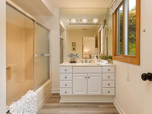 Bathroom, Glass Shower, Interior, Wood Texture Flooring