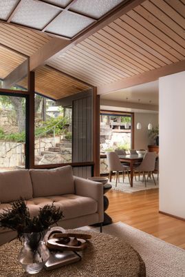 Dining room, Interior, Pendant Lights, Wooden Ceilings, Wood Texture Flooring