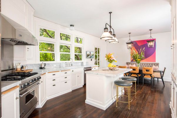 Dining room, Interior, Kitchen, Pendant Lights, Stainless Steel Appliances, Wood Texture Flooring