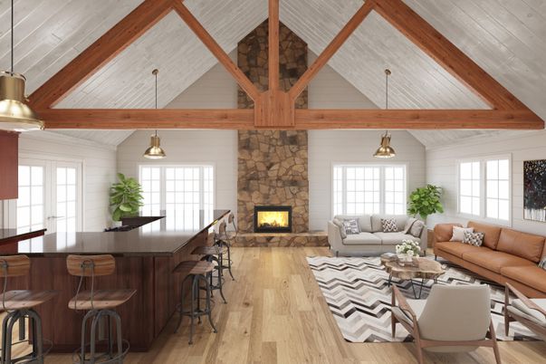 Fireplace, Interior, Living room, Pendant Lights, Stone Walls, Wooden Beams, Wood Texture Flooring