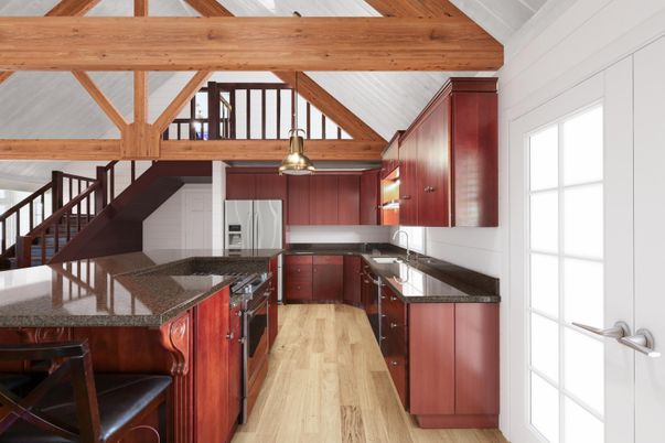 Interior, Kitchen, Pendant Lights, Stainless Steel Appliances, Wooden Beams, Wood Texture Flooring