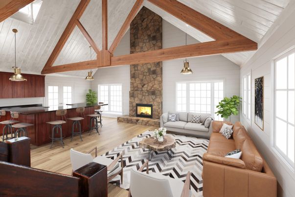 Fireplace, Interior, Living room, Pendant Lights, Stone Walls, Wooden Beams, Wood Texture Flooring