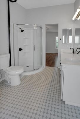 Bathroom, Glass Shower, Interior, Wood Texture Flooring