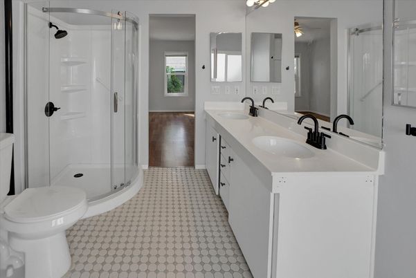 Bathroom, Dual Sink Vanities, Glass Shower, Interior, Wood Texture Flooring