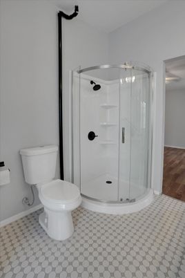 Bathroom, Glass Shower, Interior, Wood Texture Flooring