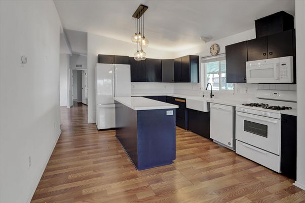 Interior, Kitchen, Pendant Lights, Stainless Steel Appliances, Wood Texture Flooring