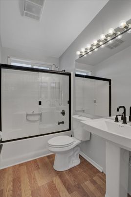 Bathroom, Glass Shower, Interior, Wood Texture Flooring