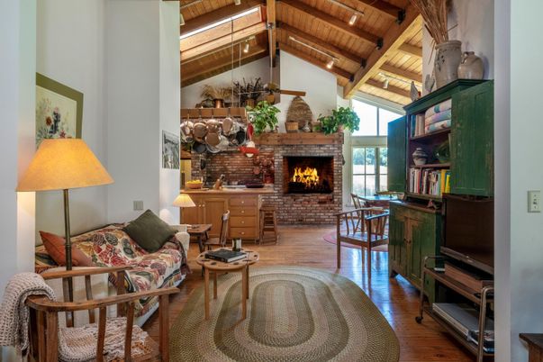 Fireplace, Interior, Living room, Stone Walls, Wooden Beams, Wooden Ceilings, Wood Texture Flooring