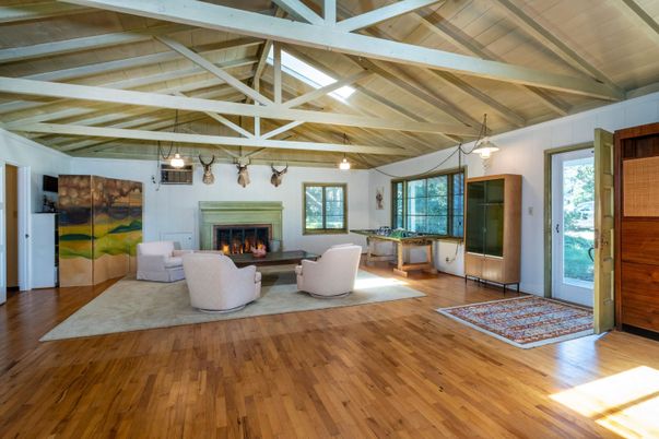 Fireplace, Interior, Living room, Pendant Lights, Wooden Beams, Wooden Ceilings, Wood Texture Flooring