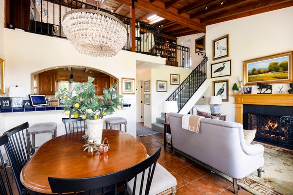 Chandelier, Dining room, Fireplace, Interior, Wooden Beams, Wooden Ceilings