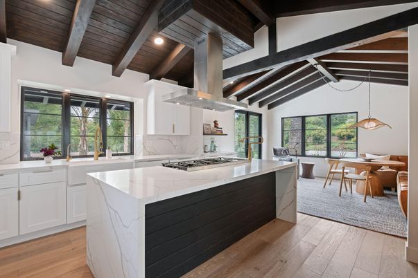 Dining room, Interior, Kitchen, Pendant Lights, Recessed Lighting, Stainless Steel Appliances, Wooden Beams, Wooden Ceilings, Wood Texture Flooring