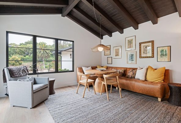 Dining room, Interior, Living room, Pendant Lights, Wooden Beams, Wooden Ceilings, Wood Texture Flooring