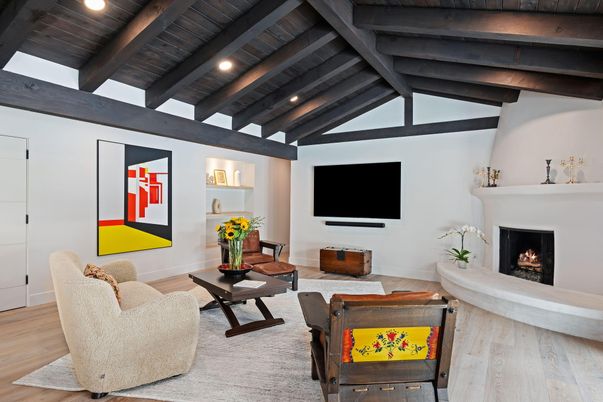 Fireplace, Interior, Living room, Recessed Lighting, Wooden Beams, Wooden Ceilings, Wood Texture Flooring