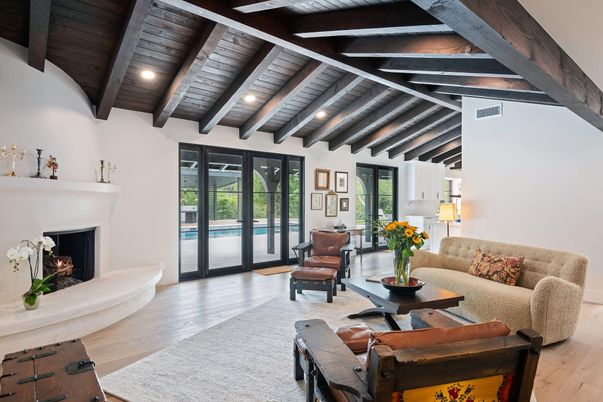 Fireplace, Interior, Living room, Recessed Lighting, Wooden Beams, Wooden Ceilings, Wood Texture Flooring