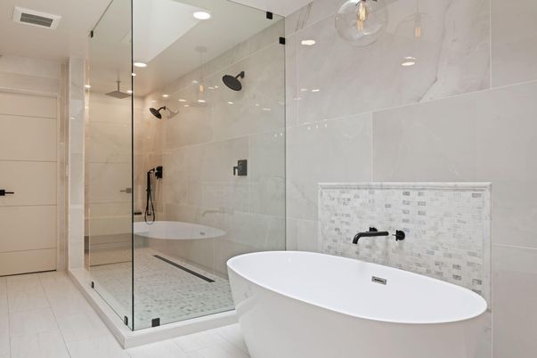 Bathroom, Free Standing Baths, Glass Shower, Interior, Marble Walls, Recessed Lighting