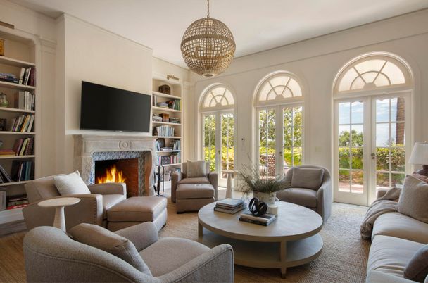 Fireplace, Interior, Living room, Pendant Lights, Wood Texture Flooring
