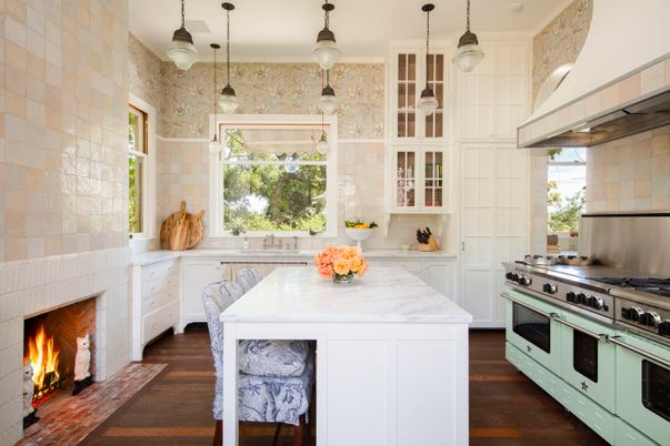 Fireplace, Interior, Kitchen, Pendant Lights, Stainless Steel Appliances, Stone Walls, Wood Texture Flooring