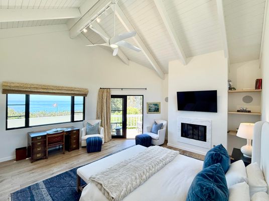 Bedroom, Fireplace, Interior, Water, Wood Texture Flooring