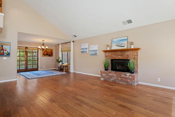 Chandelier, Empty room, Fireplace, Interior, Wood Texture Flooring