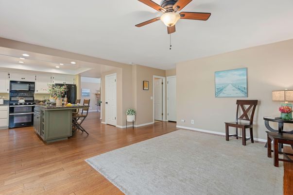 Dining room, Interior, Kitchen, Recessed Lighting, Stainless Steel Appliances, Wood Texture Flooring